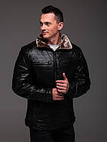 Чоловіча зимова шкіряна куртка на хутрі кишені на грудях
