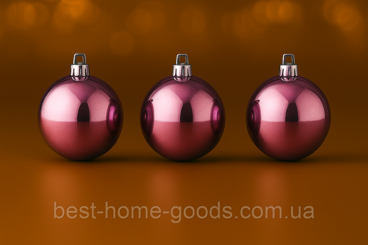 Набір глянцевих ялинкових куль Ø6 см (6 шт) — дзеркальні пластикові прикраси з гальванічним покриттям, 9 стильних кольорів, фото 1