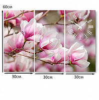 Модульна картина з годинником «Рожеві квіти Ммагнолії» Ніжний настінний декор для спальні, вітальні Безшумний годинник 90х60 см, фото 5