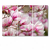 Модульна картина з годинником «Рожеві квіти Ммагнолії» Ніжний настінний декор для спальні, вітальні Безшумний годинник 90х60 см, фото 2