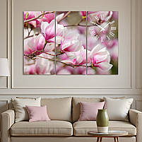 Модульна картина з годинником «Рожеві квіти Ммагнолії» Ніжний настінний декор для спальні, вітальні Безшумний годинник 90х60 см, фото 3