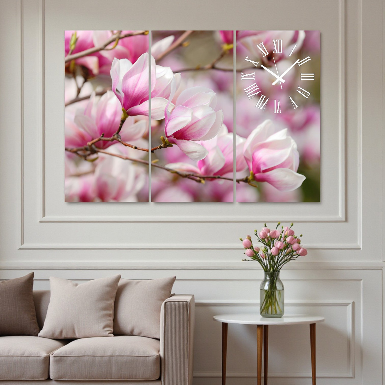 Модульна картина з годинником «Рожеві квіти Ммагнолії» Ніжний настінний декор для спальні, вітальні Безшумний годинник 90х60 см, фото 1