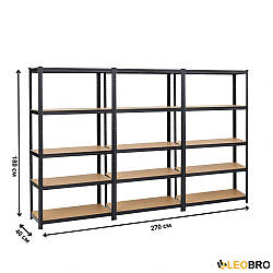 Набір із трьох стелажів LEOBRO Чорний 180 х 270 х 40 см, 175кг/полиця, 5 полиць (LB-R175-BLKX3)