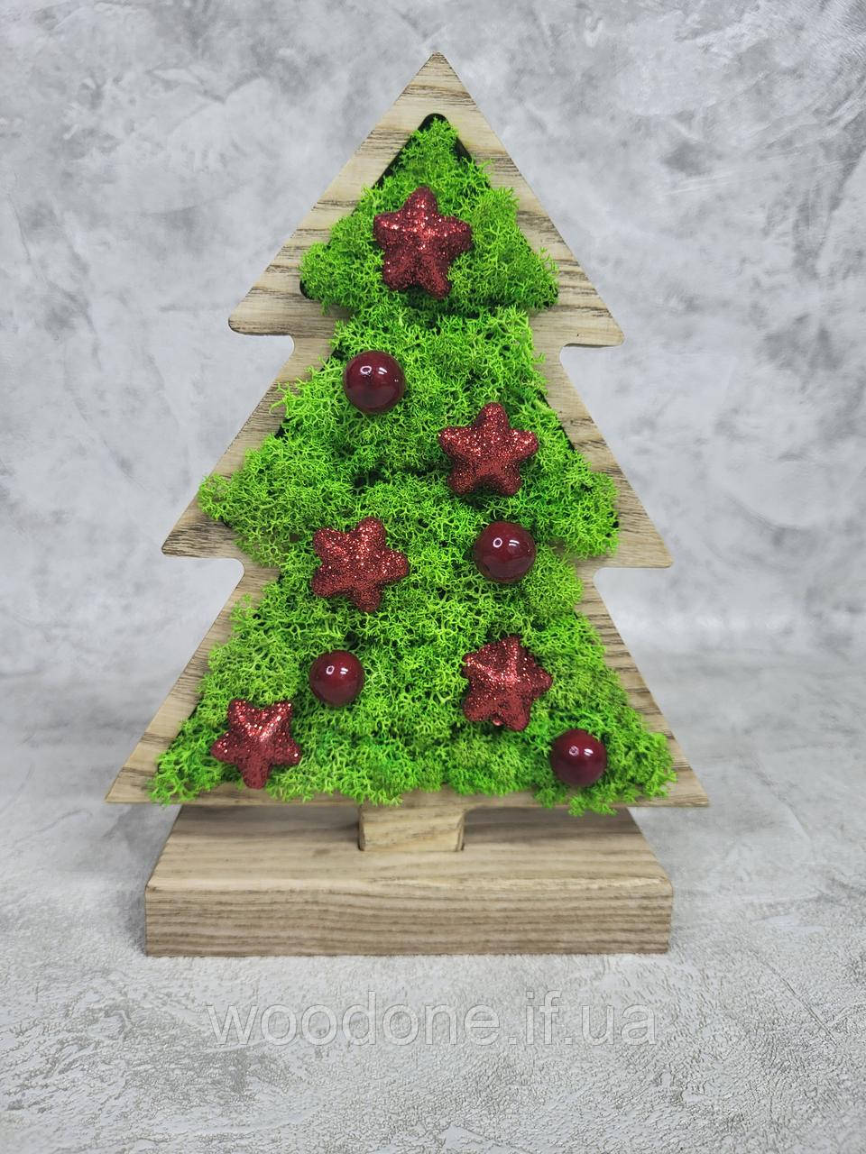 Декоративна ялинка з натурального дерева та стабілізованого моху з прикрасами, фото 1
