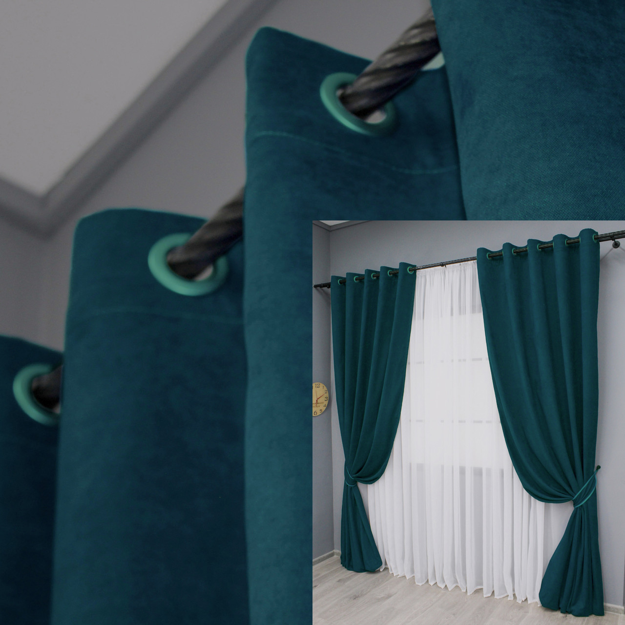 Комплект (2шт. 1,5х2,8м.) штор на люверсах з тканини мікровелюр Petek. Колір смарагдовий. Код 1494ш 37-0211, фото 1