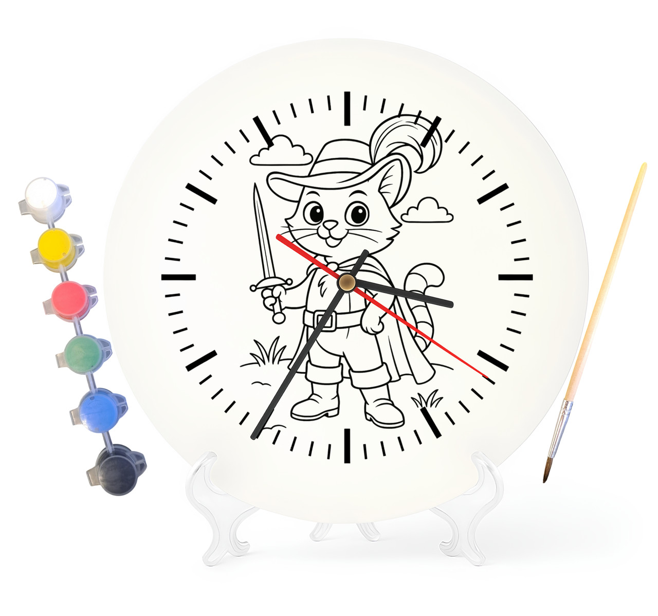 Дитячий набір для творчості годинник-розмальовка за мотивами Кіт у чоботях (Шарль Перро) 30 см (Г0035), фото 1