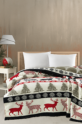 Плед з оленями новий рік бавовна Vefa Wintertale білий червоний 200х220см