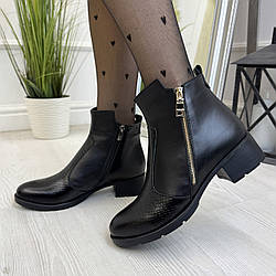 Жіночі черевики на невисокому каблуці, дві блискавки, натуральна шкіра та шкіра пітон