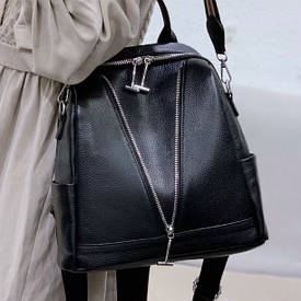 Рюкзак жіночий шкіряний з ременем 22х28х11, наплічна сумочка для дівчини студентки, чорна