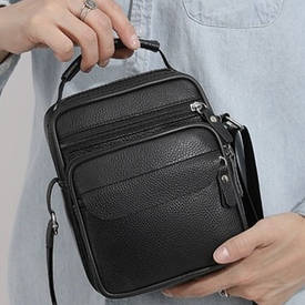 Чоловічі шкіряні сумки планшет 17х21х9, барсетка через плече з ручкою чорна 86802