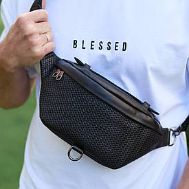 Стильна чоловіча бананка з натуральної гладкої шкіри 22х27х8, рюкзак нагрудний з принтом NM-58744 чорний