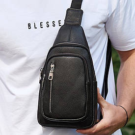 Сумка слінг чоловіча через плече 19х31х7, нагрудна сумочка рюкзак з натуральної шкіри TIDING BAG 32545 чорна