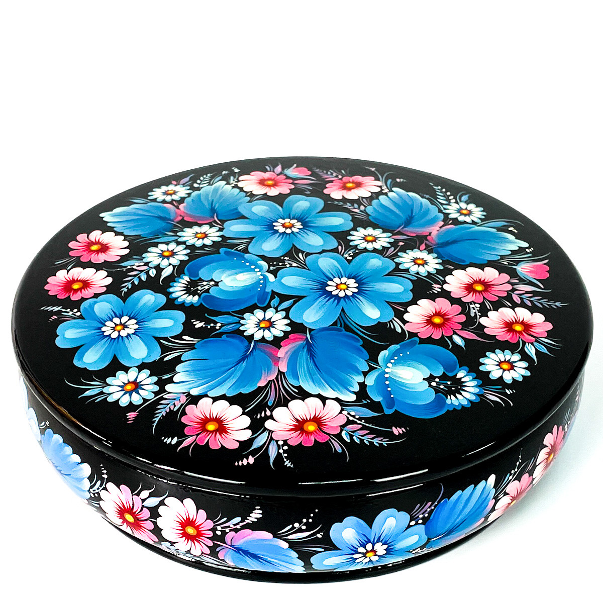 Шкатулка Петриківський розпис РОЖЕВО-БЛАКИТНІ КВІТИ ручної роботи з дерева 20 х 6 см Український сувенір, фото 1