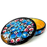 Шкатулка Петриківський розпис РОЖЕВО-БЛАКИТНІ КВІТИ ручної роботи з дерева 20 х 6 см Український сувенір, фото 3