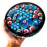 Шкатулка Петриківський розпис РОЖЕВО-БЛАКИТНІ КВІТИ ручної роботи з дерева 20 х 6 см Український сувенір, фото 4