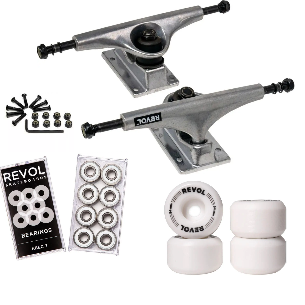 Набір для апгрейду скейтборду Revol: підвіски 5.5, колеса Conical, підшипники ABEC 7, болти, фото 1