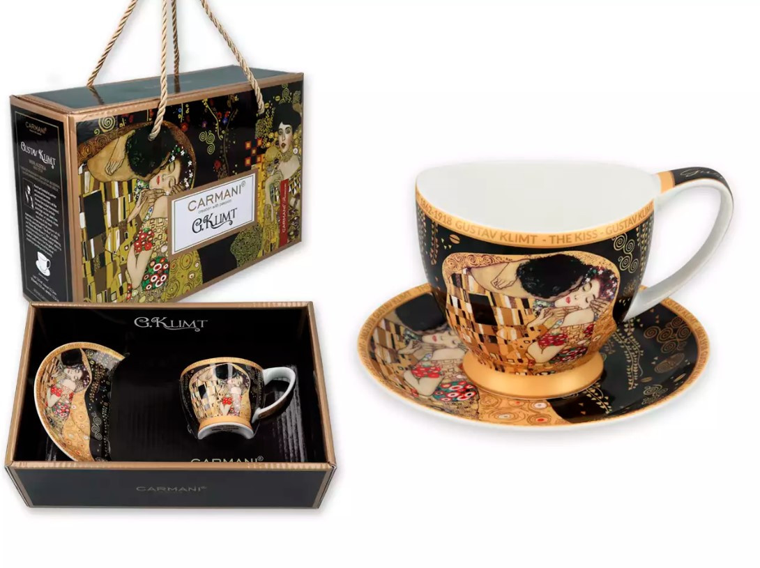 Чашка еспрессо фарфорова з блюдцем Carmani Г. Клімт Поцілунок чорний фон, 80 мл (532-0351), фото 1