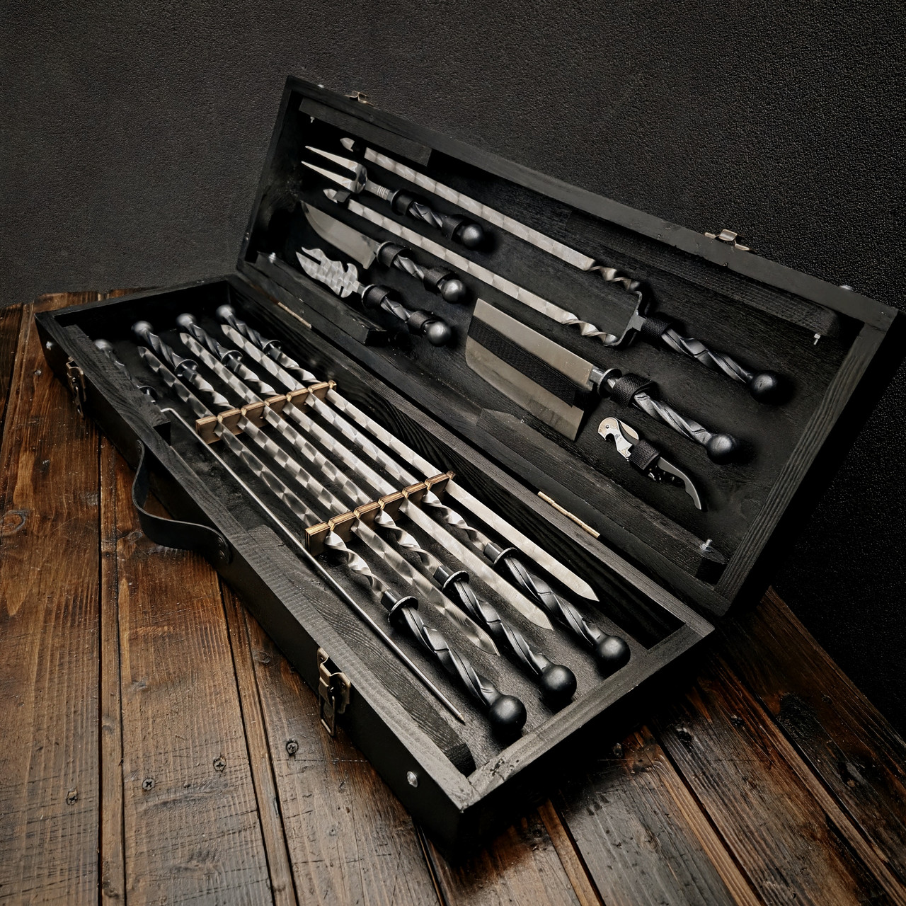 Набір кованих шампурів у дерев'яному кейсі "Гарт", фото 1