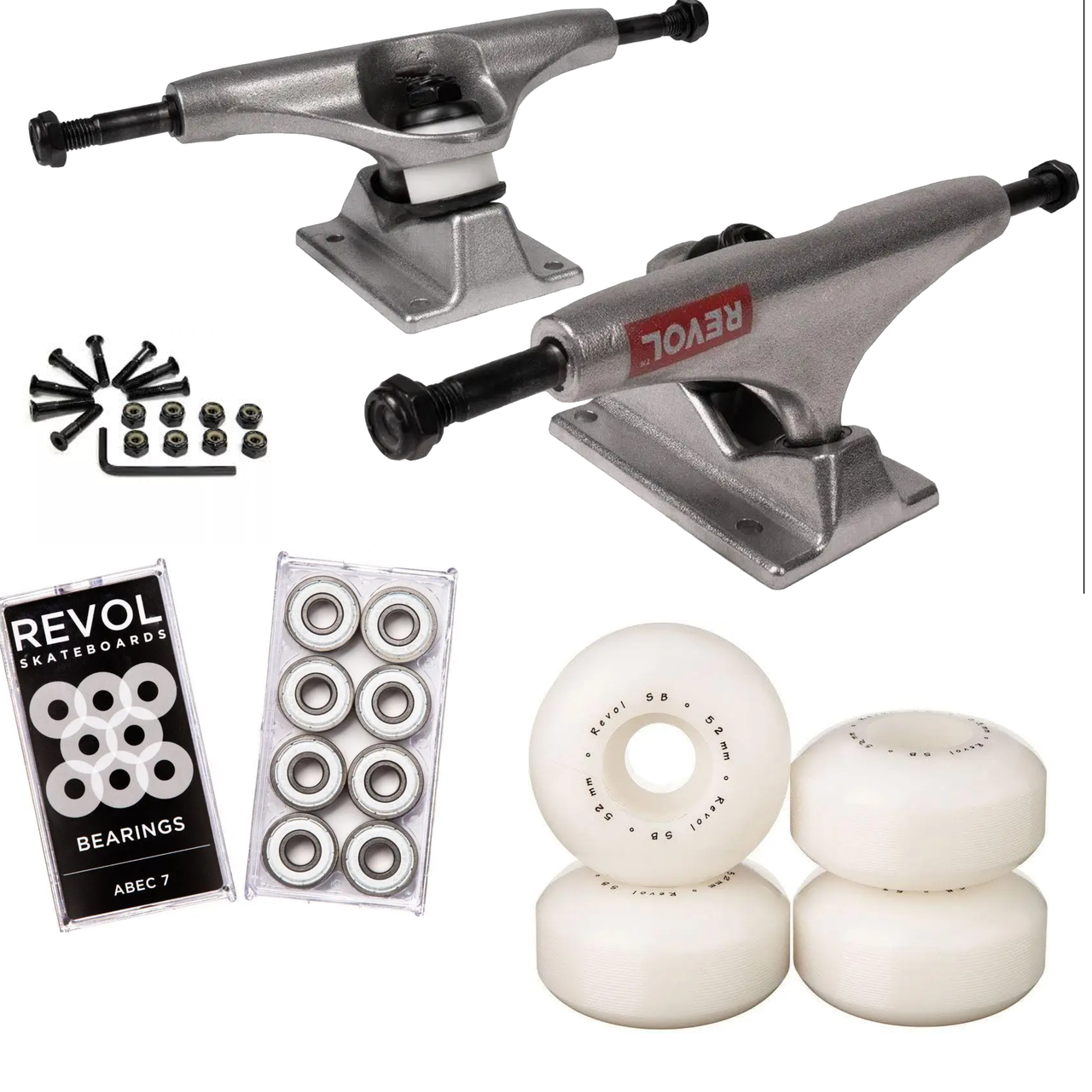 Набір для апгрейду скейтборду Revol: підвіски 5.25, колеса Minimal, підшипники ABEC 7, болти, фото 1