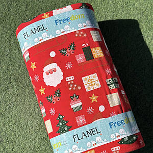 Фланелева тканина новорічна, Санта з подарунками та санами на червоному (шир. 2,4 м) (FL-FR-0113)