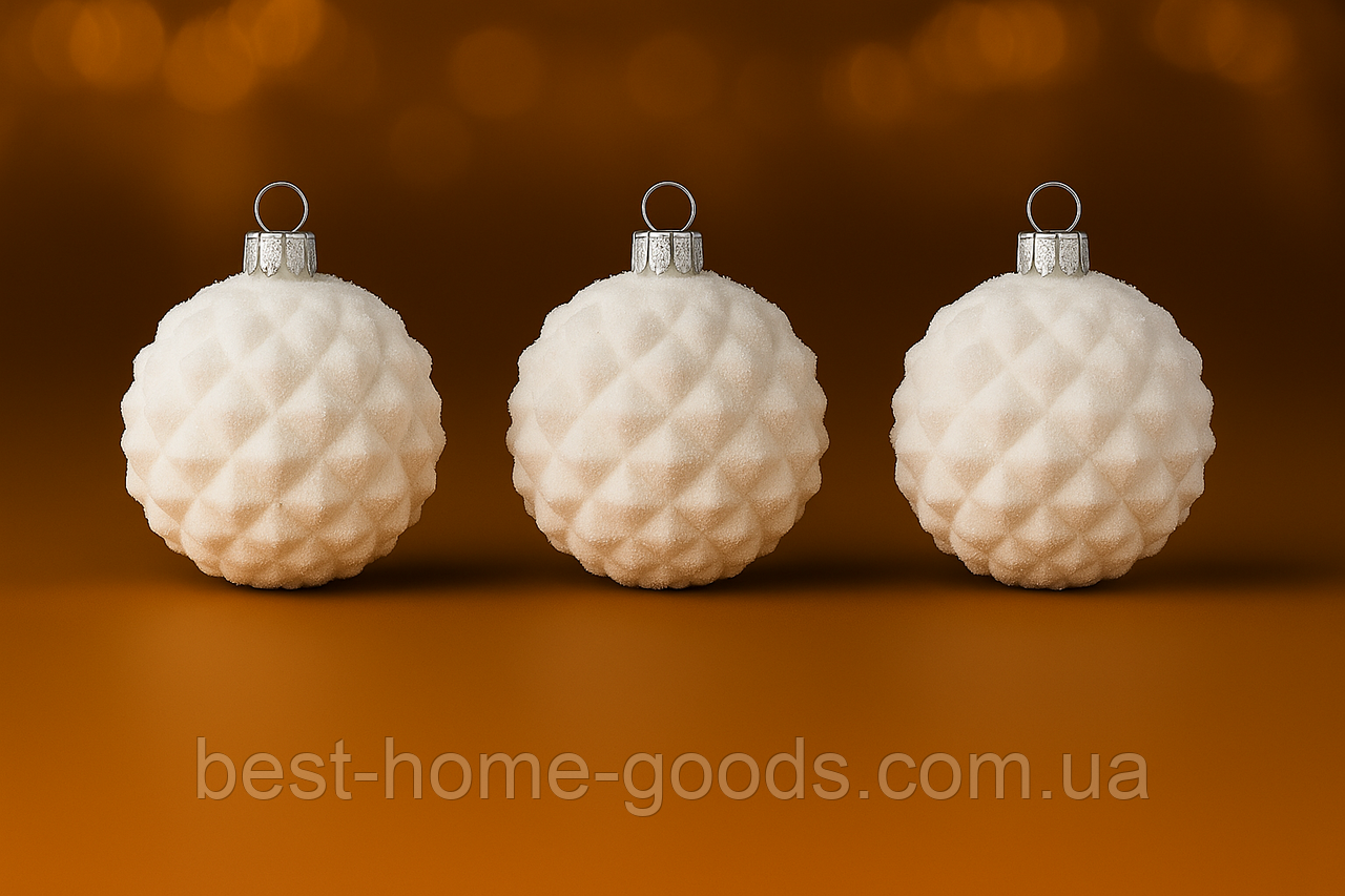 Набір ялинкових іграшок «Шишки» Ø8 см, 6 шт, пластикові, глітер білі, білі з снігом, білі з сріблом, фото 1