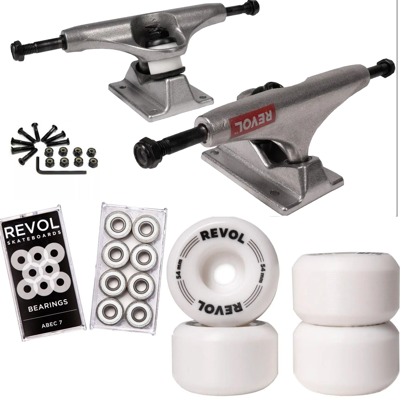 Набір для апгрейду скейтборду Revol: підвіски 5.25, колеса Conical, підшипники ABEC 7, болти, фото 1
