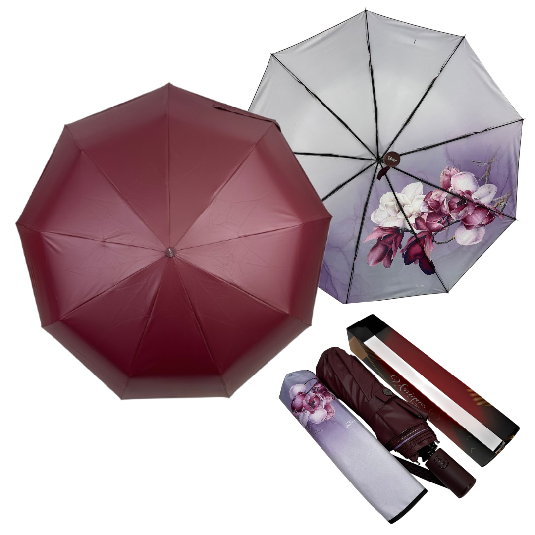 Автоматична парасоля на 9 спиць з поліестеру з PU-покриттям (ефект екошкіри) від Unique Umbrella, бордовий, 03009-2, фото 1