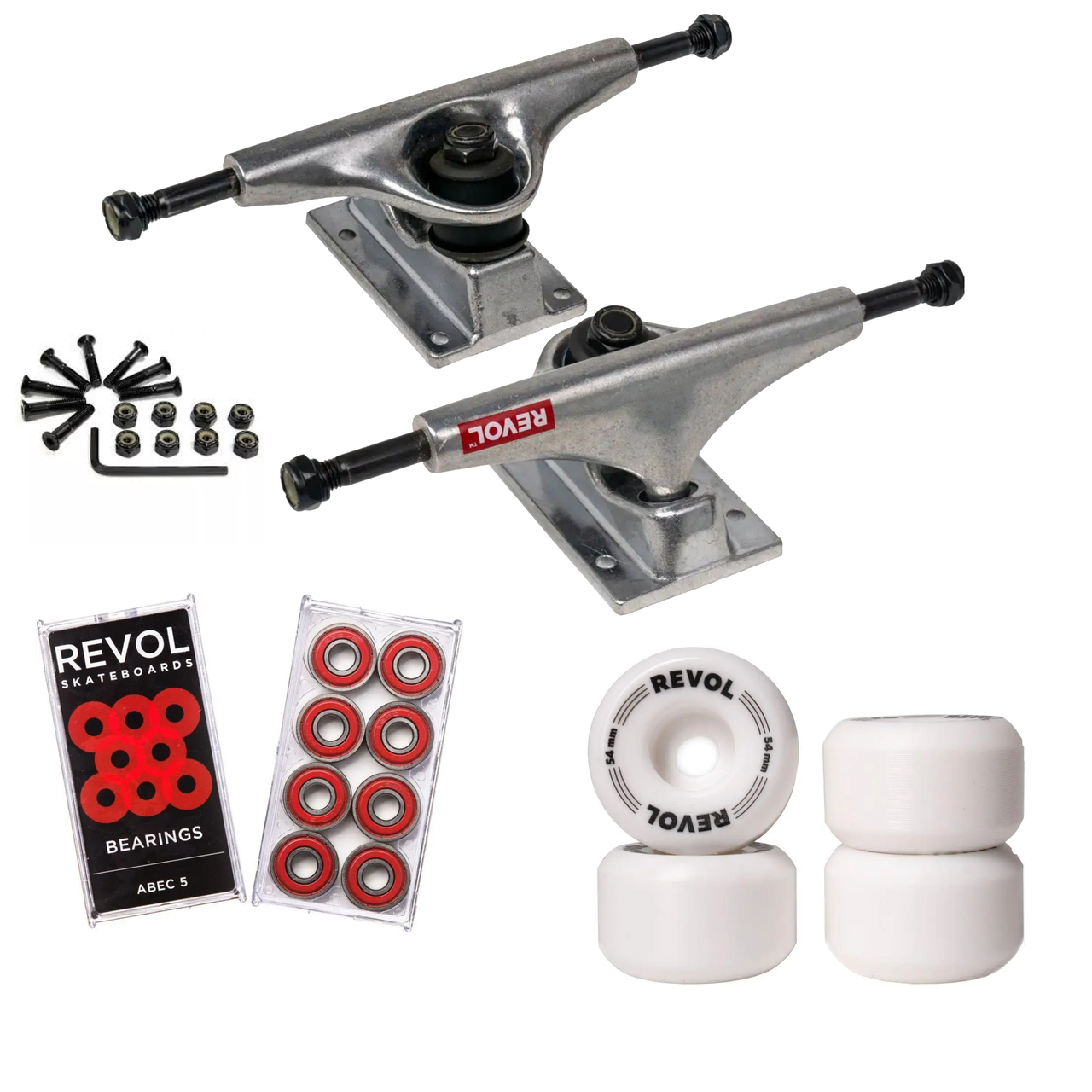 Набір для апгрейду скейтборду Revol: підвіски 5.0, колеса Conical, підшипники ABEC 5, болти, фото 1