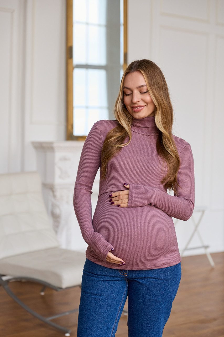 Теплий гольф для вагітних та годуючих жінок з ангори в рубчик для майбутніх мам Dublin S (42) Lullababe фрезовий, фото 1