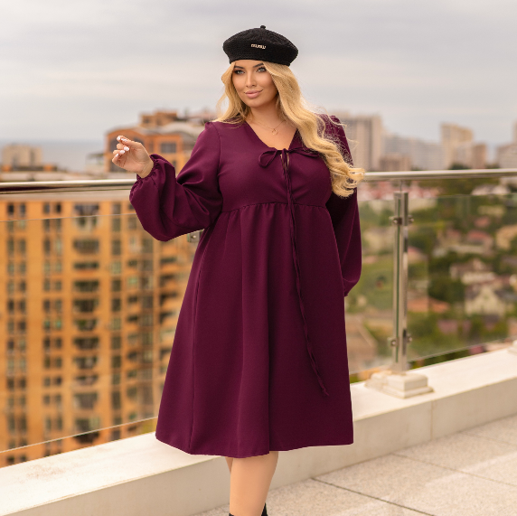 Жіноча сукня міді вільного крою із завищеною талією та V вирізом з довгим рукавом великих розмірів, фото 1