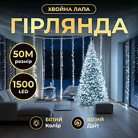 Новорічна гірлянда кімнатна роса Хвойна лапа 50 м 1500 LED білий провід Біле сяйво D1500L50MWW