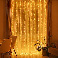 Новорічна гірлянда кімнатна штора роса Хвойна лапа 3х3 м 600 LED Жовте світло D600LED3MY