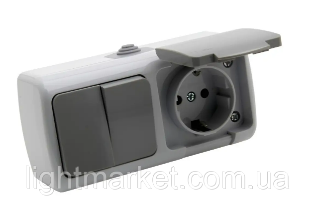 Блок 2-й вимикач + 1-а розетка накладний із з/к, фото 1