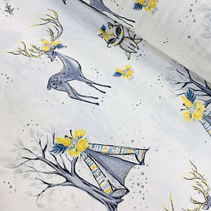 Фланелева тканина, тваринки з вігвамами в жовто-сірих тонах на білому (шир. 2,4 м) (FL-S-0226)