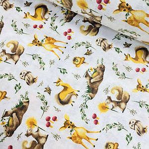 Фланелева тканина, лісові тваринки з зеленими листочками на білому (шир. 2,4 м) (FL-S-0228)
