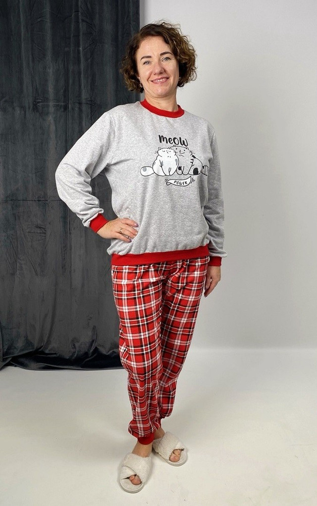 Пижама теплая женская с начесом в клеточку серая 40-58 р.