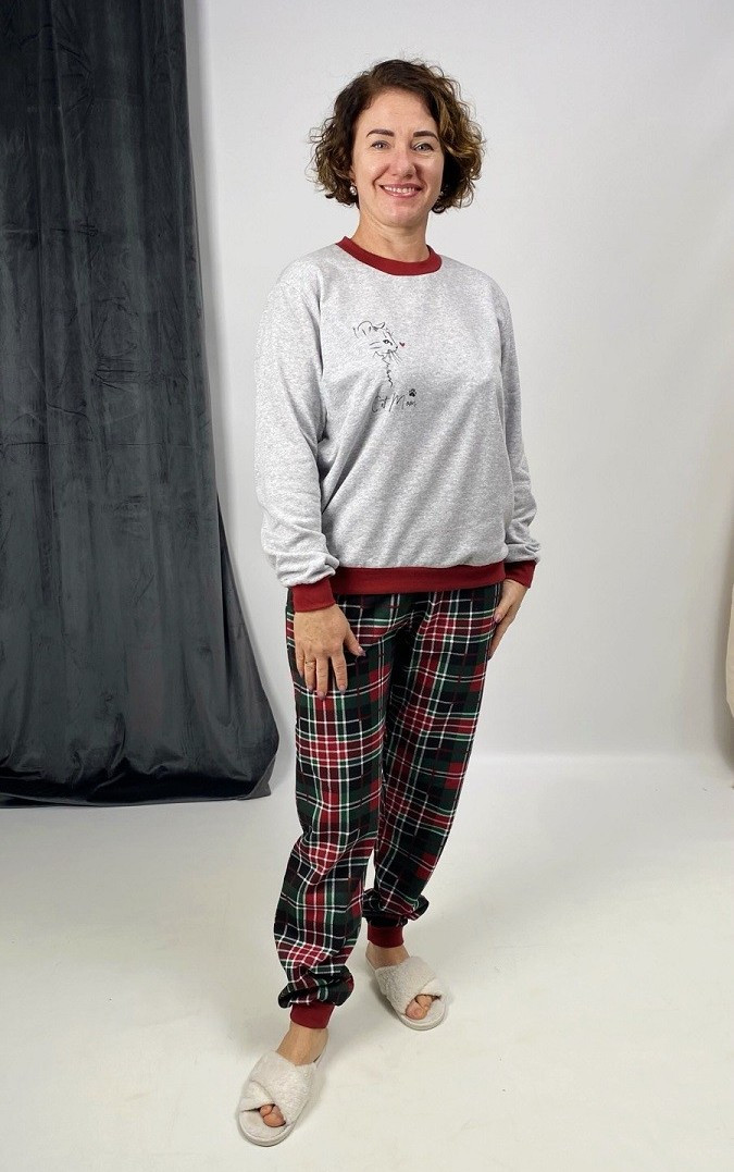 Піжама тепла жіноча з начосом у клітинку з накатом бордовий 40-58 р.