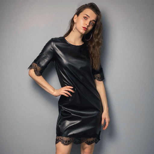 Вечірня коротка жіноча сукня міні з екошкіри з мереживом святкова з коротким рукавом, фото 1