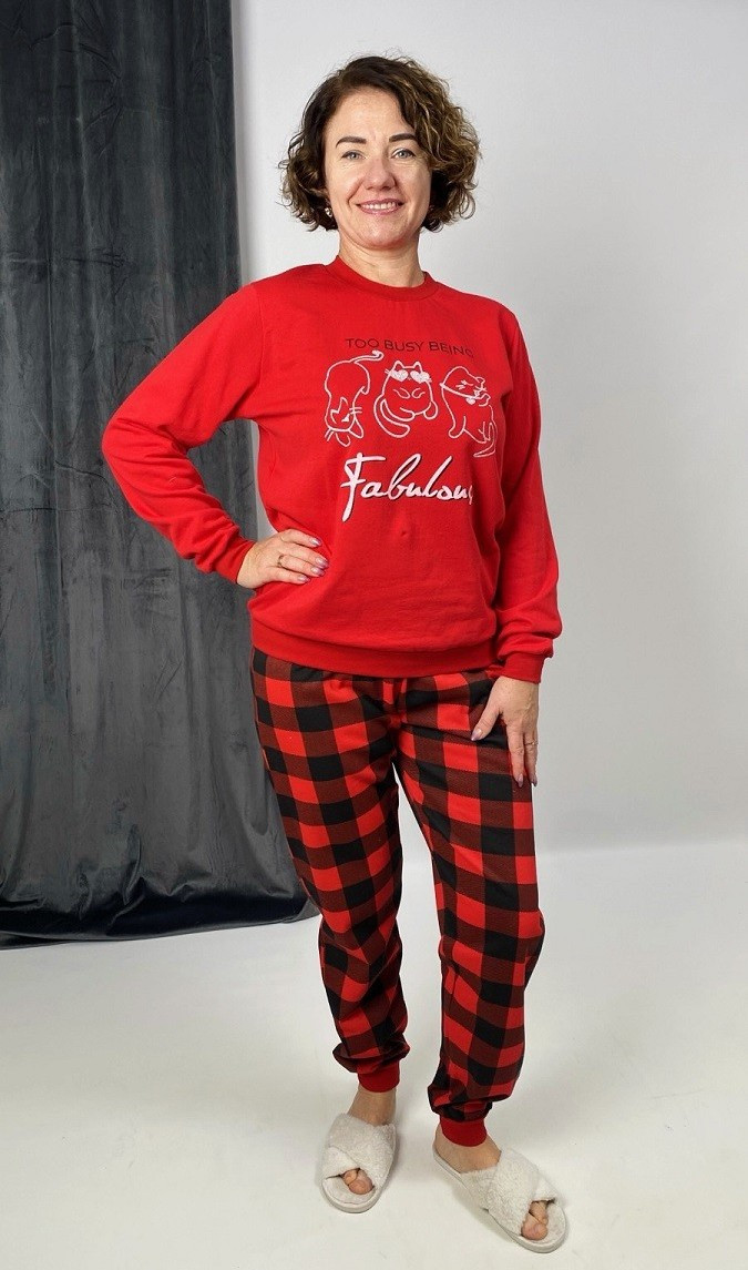 Жіноча піжама з накатом тепла з начісом в клітинку червона 40-58 р.