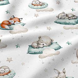 Бязь "Сплячі звірі на бірюзових лежанках" на білому тлі, №5804