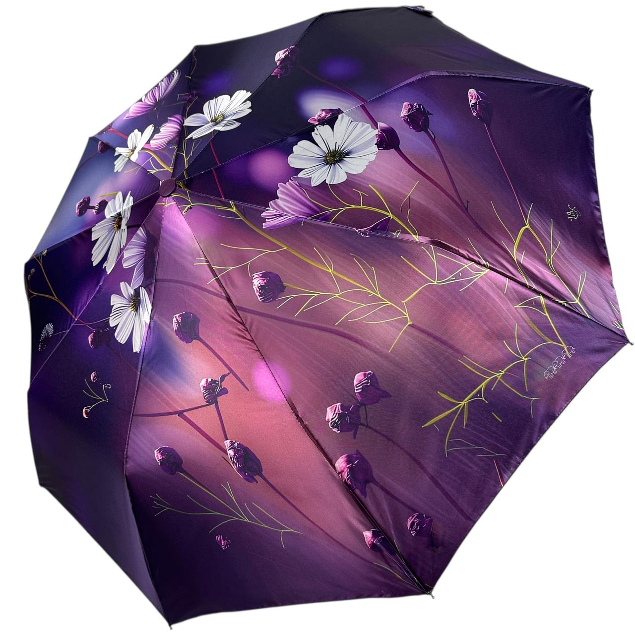 Жіноча парасоля напівавтомат на 9 спиць сатиновий купол з принтом від Три Слона, ручка фіолетова, TSL 034039-4