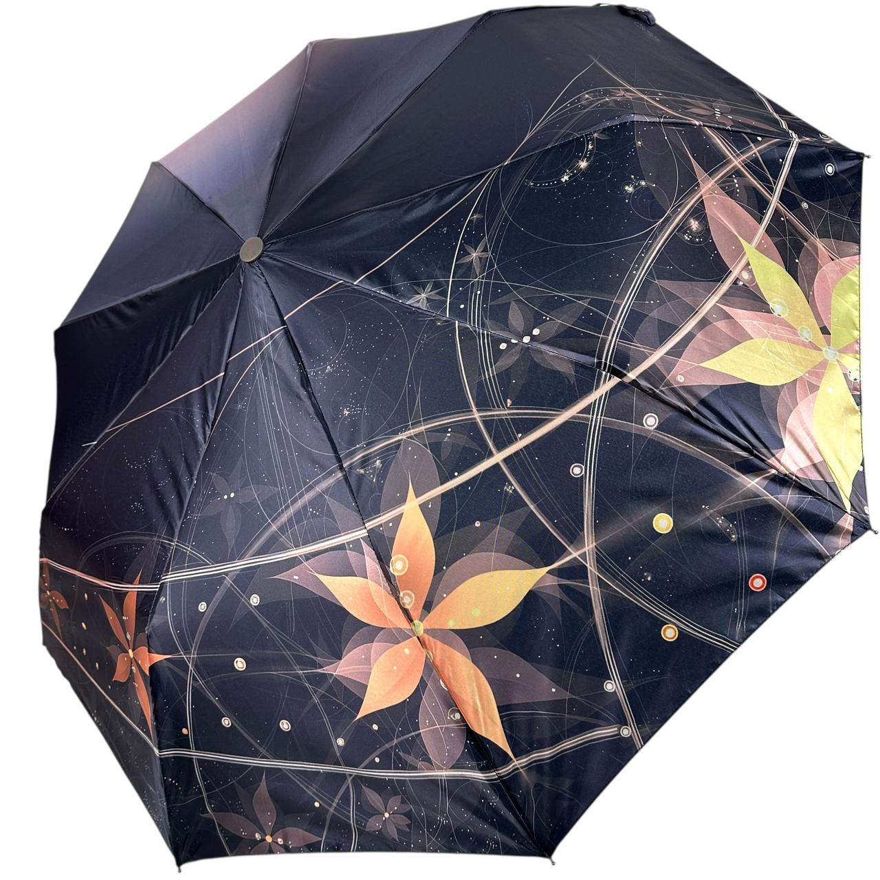 Жіноча парасоля напівавтомат на 9 спиць сатиновий купол з принтом від Три Слона, ручка темно-коричнева, TSL 034039-5, фото 1