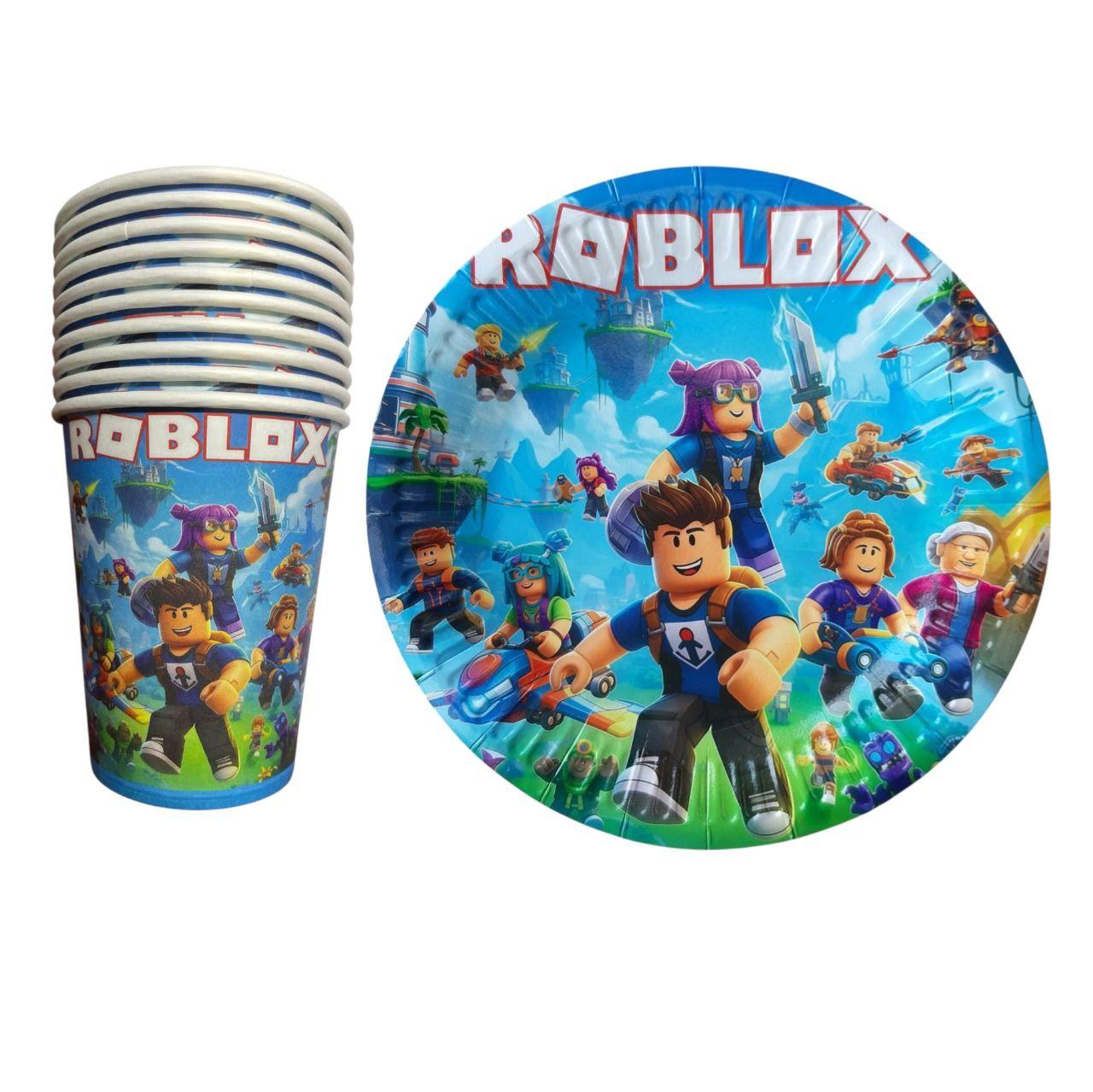 Набір дитячого одноразового посуду Roblox (Роблокс) на 10 персон — тарілки + стаканчики блакитний