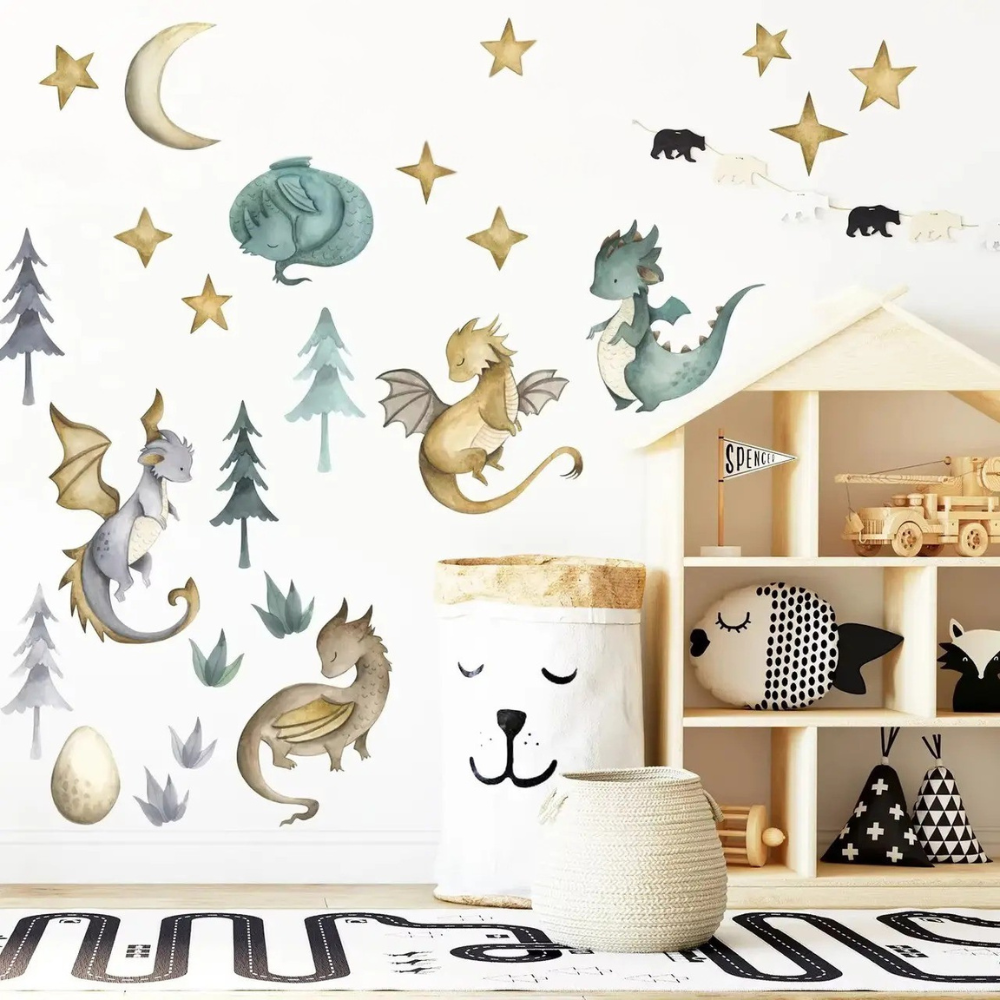 Вінілові наклейки "Лісові дракони" декоративні інтер'єрні в дитячу кімнату на стіну 30х90 см, фото 1