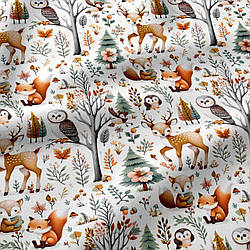 Бязь "Густий ліс та різні звірі" на білому тлі, №5806