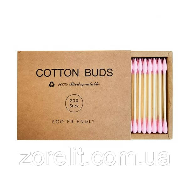 Ватні бамбукові палички Cotton Buds, 200 шт картонна квадратна упаковка - Рожеві, фото 1
