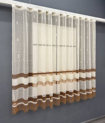 Тюль сітка "Juli" Арка на кухню, колір молочний з карамельним. Код 1876т