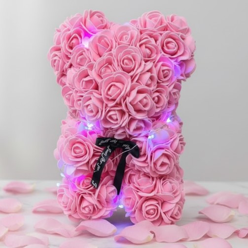 Подарунковий ведмідь з троянд з підсвічуванням 3D Teddy Flower 25 см Рожевий, фото 1
