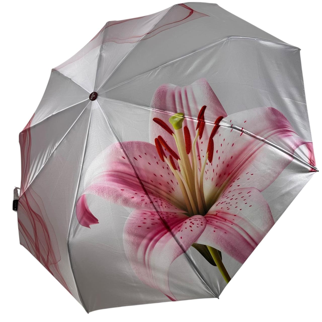 Жіноча парасоля напівавтомат Три Слона на 9+4+2 сегментних спиць сатиновий купол з квітами, ручка бордова, TSL 0310-1