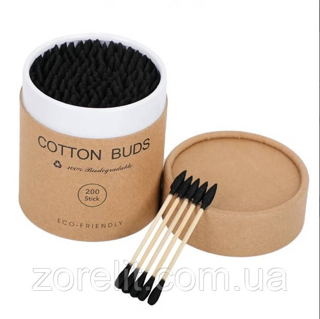 Ватні бамбукові палички Cotton Buds, 200 шт картонна кругла упаковка - чорні, фото 1